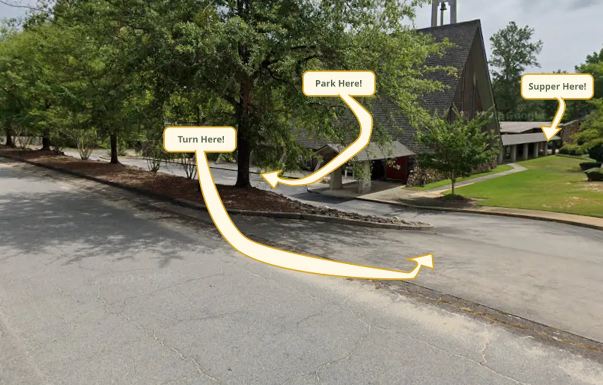 Photo with directions to Dinner Church. Shows a right turn into the west parking lot from regent road, and then a path to the Parish Hall entrance.
